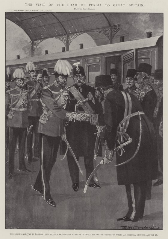 Shahen af Persiens besøg i Storbritannien, Shahens ankomst til London, Hans Majestæt præsenterer medlemmer af sin Suite for Prinsen af Wales på Victoria Station, 18. august af Ralph Cleaver