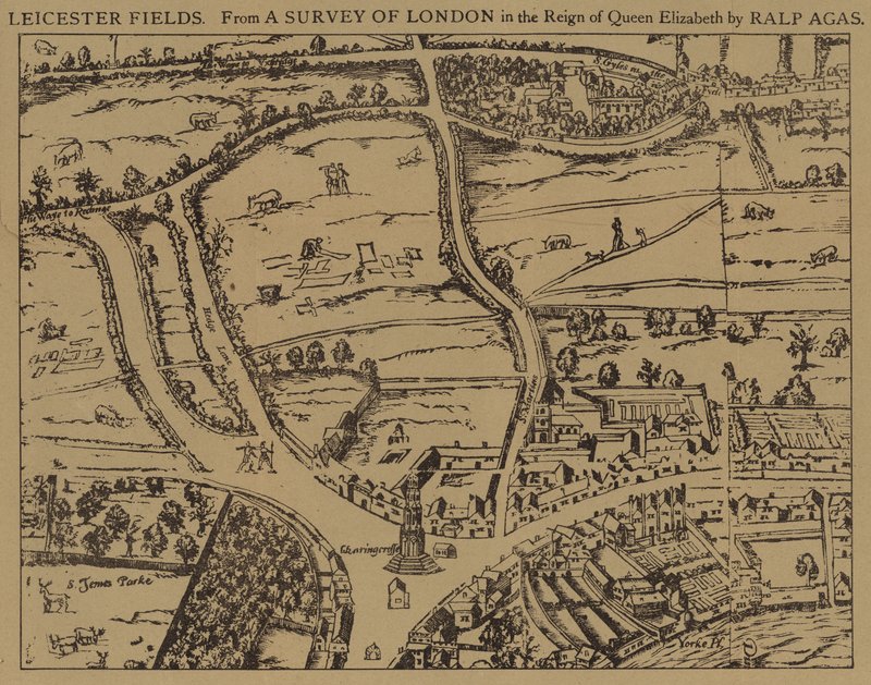 Leicester Fields, fra en undersøgelse af London under dronning Elizabeths regeringstid af Ralph Agas af Ralph Agas