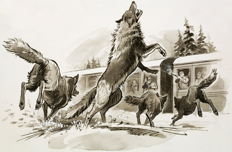 Passagerer i et snedækket tog kæmper mod sultne ulve (gouache på papir) af Ralph Bruce