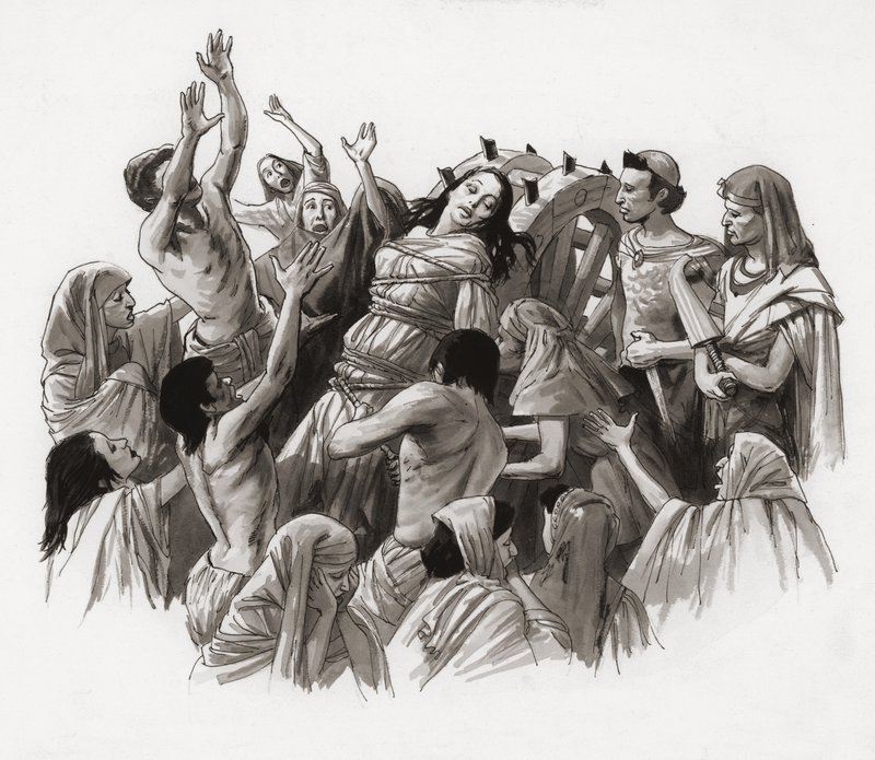 Sankt Katharina bliver tortureret på hjulet (gouache på papir) af Ralph Bruce