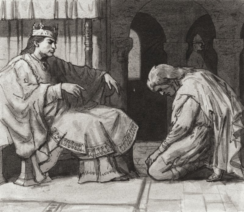 Walteof, jarl af Northumbria foran kong William I (gouache på papir) af Ralph Bruce