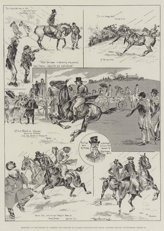Skitser ved underhuset og Brigade of Guards Point-to-Point Races, Bourton Estate, Buckingham, 26. marts af Ralph Cleaver