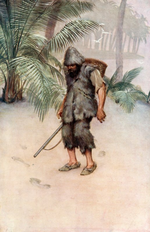 Illustration til Robinson Crusoe af Daniel Defoe (farve litho) af Ralph Noel Pocock