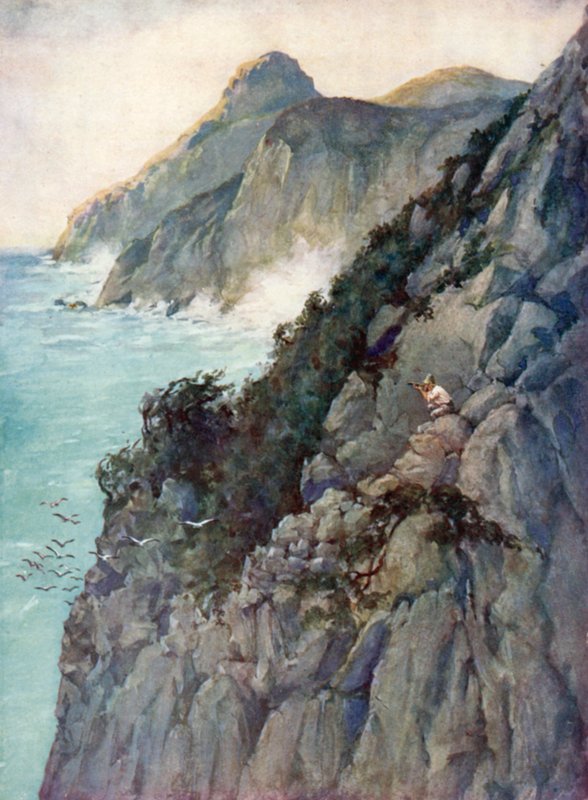 Illustration til Robinson Crusoe af Daniel Defoe (farve litho) af Ralph Noel Pocock