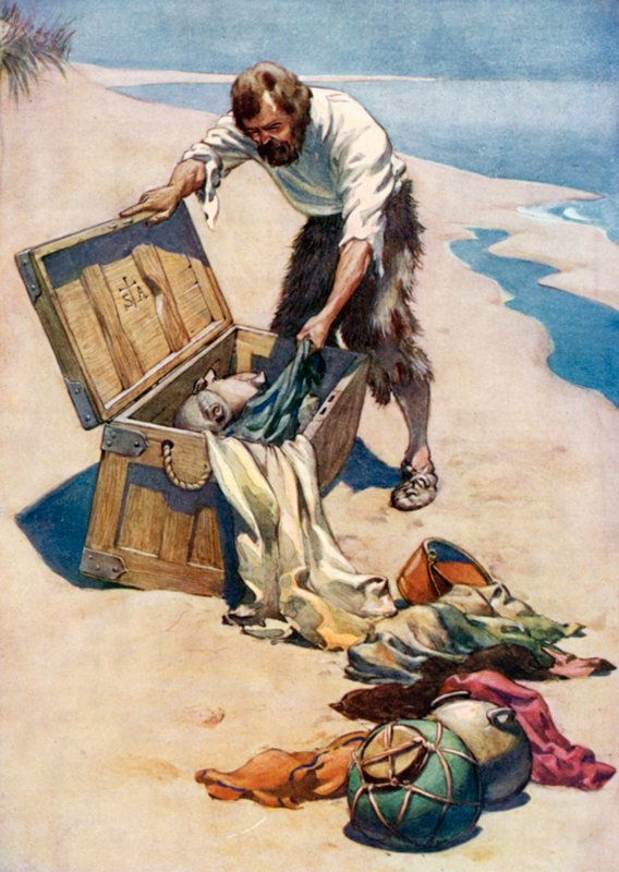 Illustration til Robinson Crusoe af Daniel Defoe (farve litho) af Ralph Noel Pocock