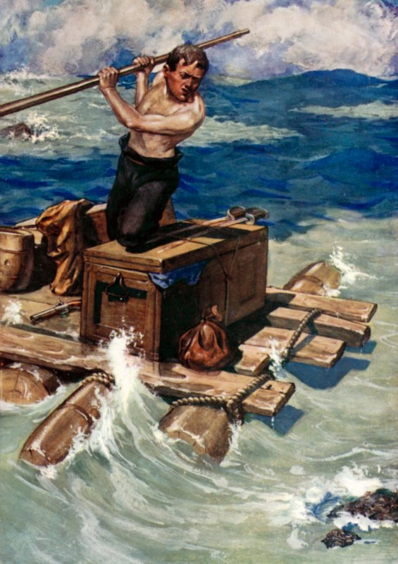 Illustration til Robinson Crusoe af Daniel Defoe (farve litho) af Ralph Noel Pocock