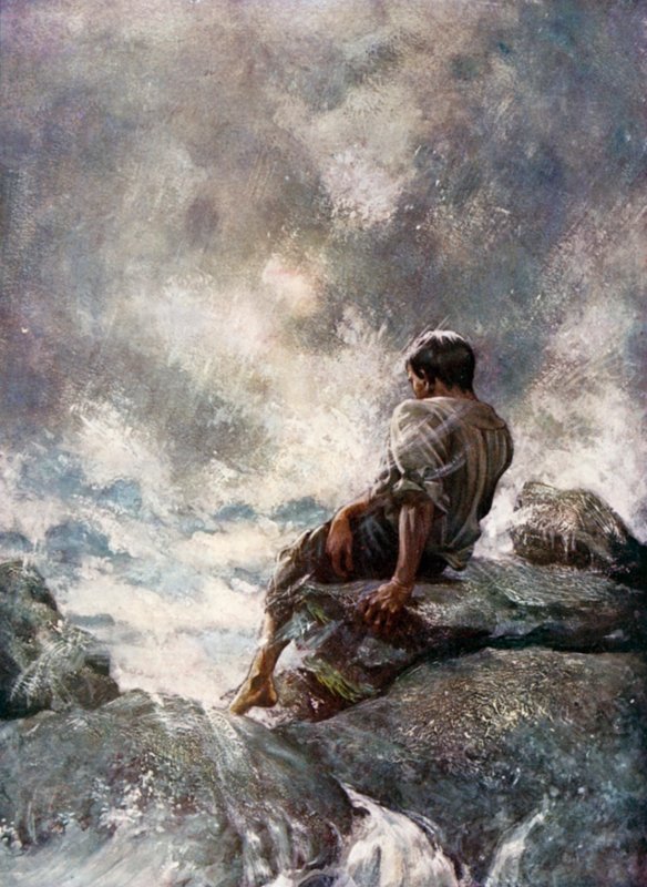 Illustration til Robinson Crusoe af Daniel Defoe (farve litho) af Ralph Noel Pocock
