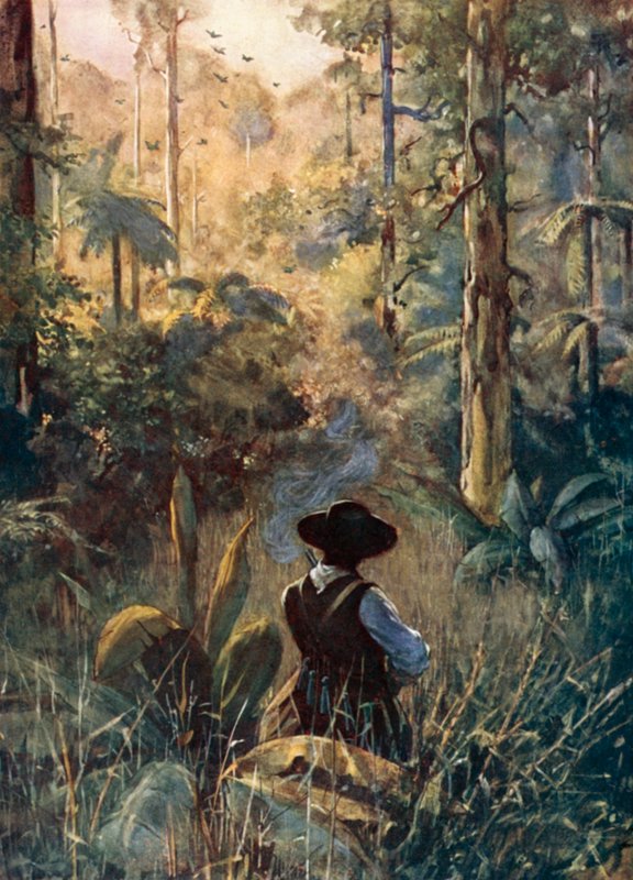 Illustration til Robinson Crusoe af Daniel Defoe (farve litho) af Ralph Noel Pocock