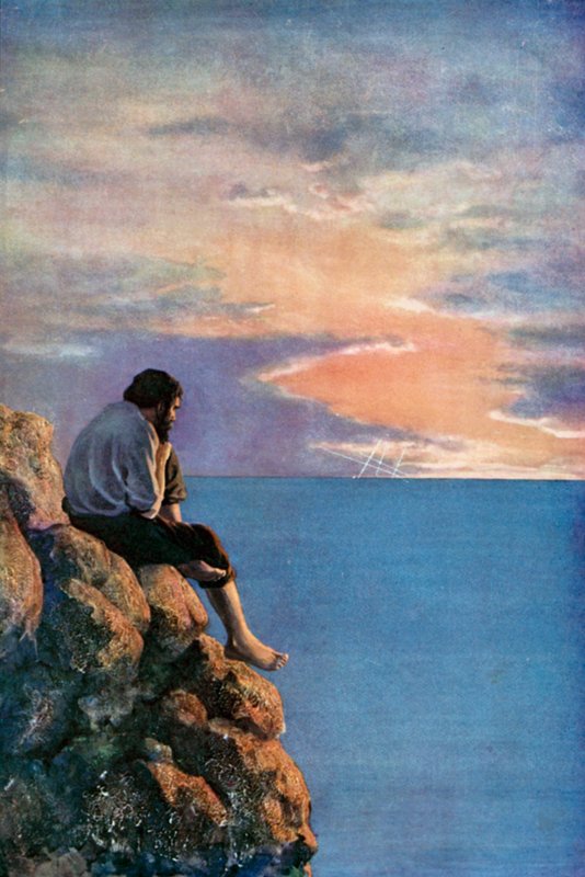 Illustration til Robinson Crusoe af Daniel Defoe (farve litho) af Ralph Noel Pocock
