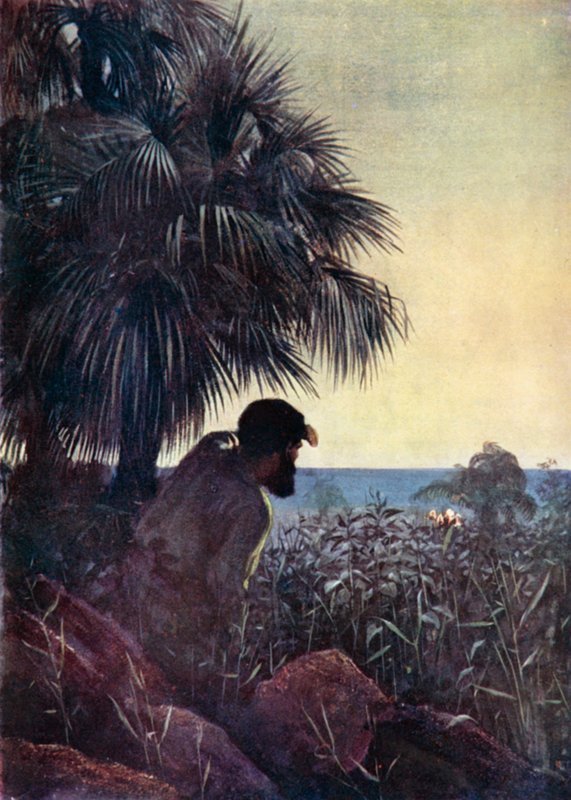 Illustration til Robinson Crusoe af Daniel Defoe (farve litho) af Ralph Noel Pocock