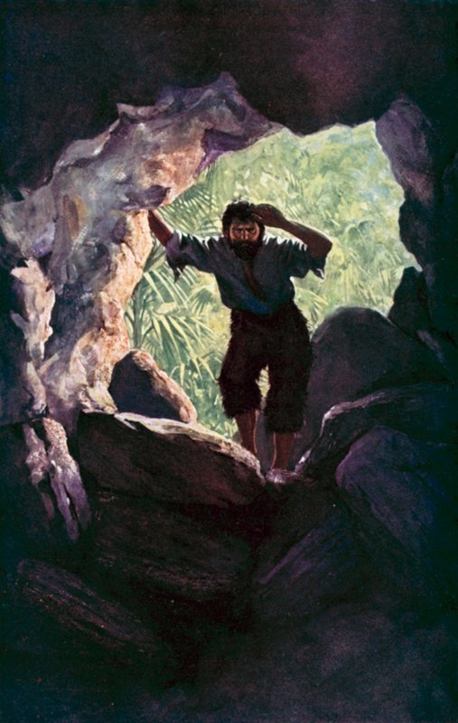 Illustration til Robinson Crusoe af Daniel Defoe (farve litho) af Ralph Noel Pocock