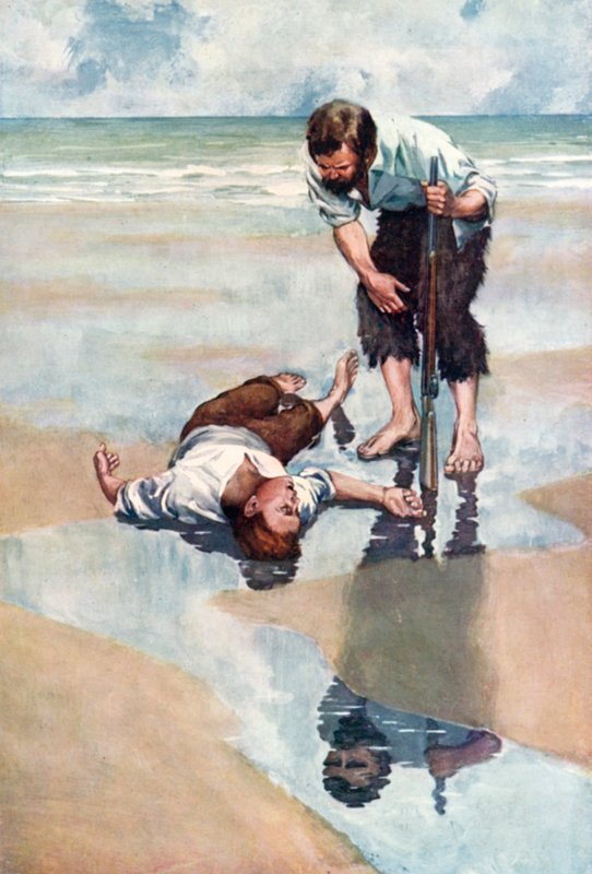 Illustration til Robinson Crusoe af Daniel Defoe (farve litho) af Ralph Noel Pocock