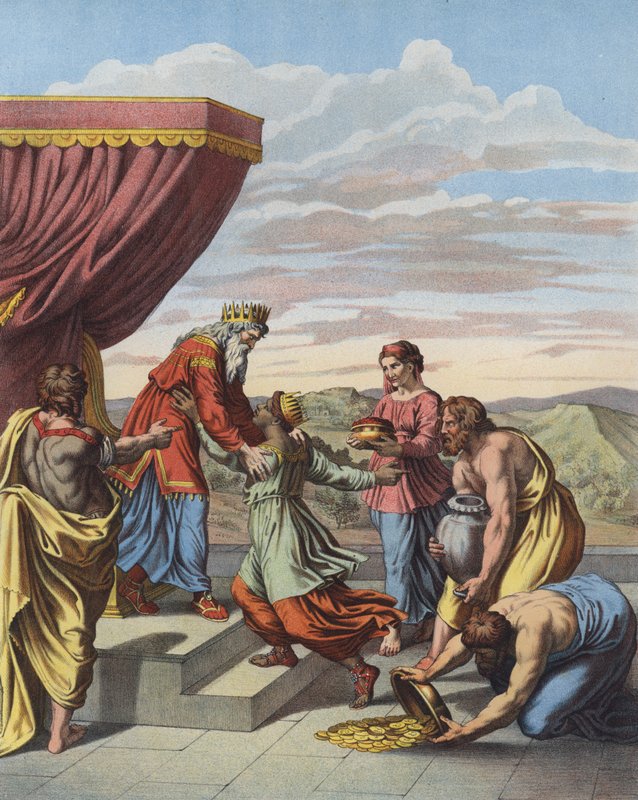 Kong Salomon modtager dronningen af Saba (farve litho) af after Raphael