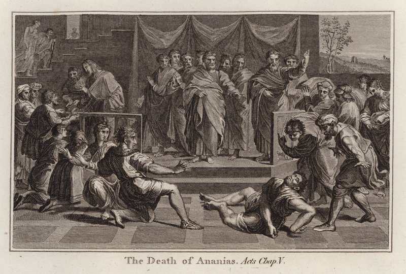 Raphael tegneserie: Ananias død, Acts, Kap V (gravering) af after Raphael