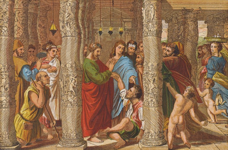Helbredelsen af den lamme mand (farvelitografi) af Raphael (1483 1520) (after)