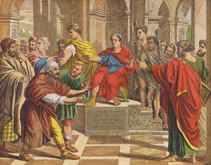 Troldmanden Elymas blev slået blind foran Sergius Paulus (farvelitografi) af Raphael (1483 1520) (after)