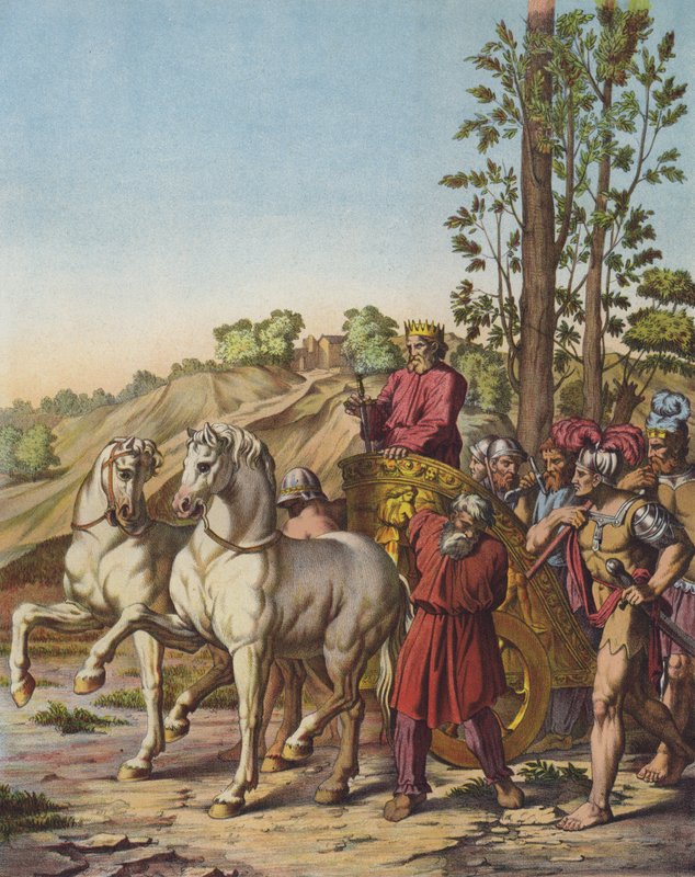 Herodes den Store bliver konge af Judæa som en vasal af romerne (farve litho) af after Raphael