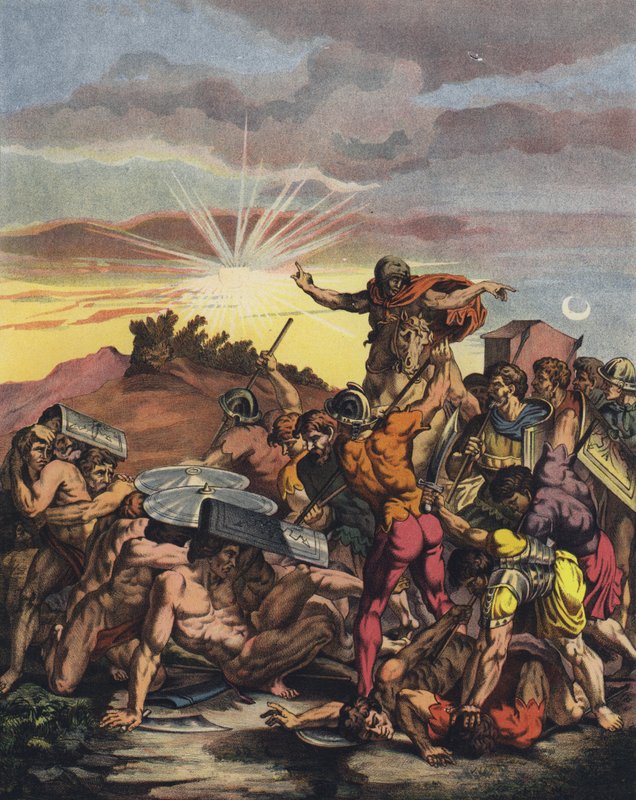 Josva beordrede Solen til at stå stille i slaget ved Gibeon under israelitternes erobring af Kanaan (farve litho) af after Raphael