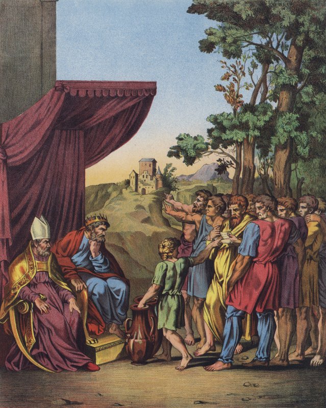 Josva præsiderer over tildelingen af Kanaans land til Israels stammer (farve litho) af after Raphael