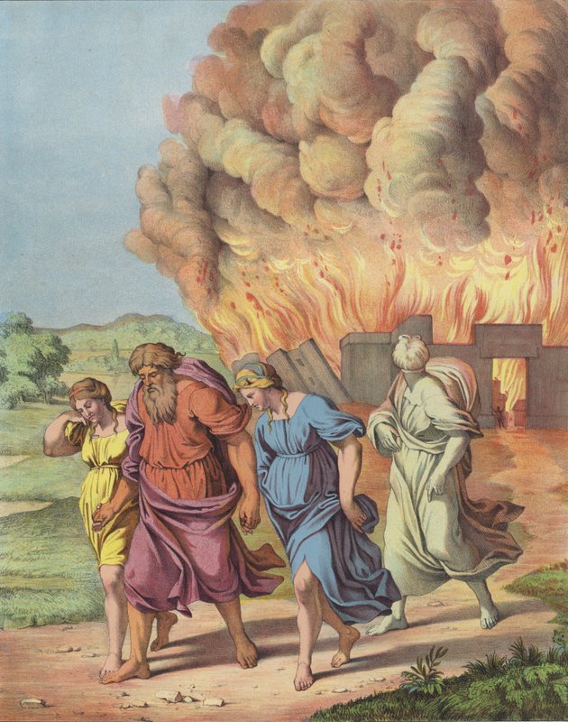 Lot og hans familie flygter fra ødelæggelsen af Sodoma (farve litho) af after Raphael