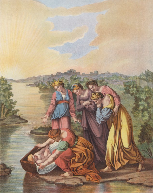 Moses bliver reddet fra Nilens vande (farve litho) af after Raphael
