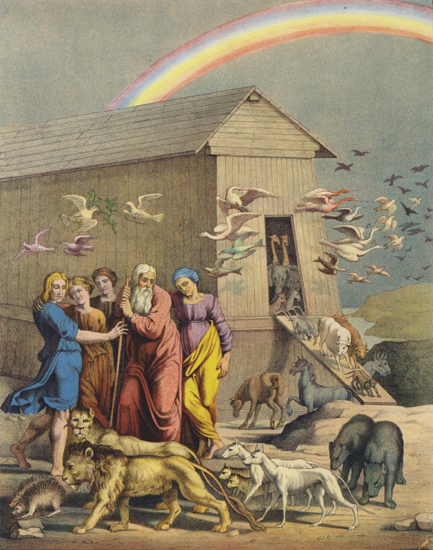Noah, hans familie og dyrene, der kommer ud af arken efter at have overlevet oversvømmelsen (farve litho) af after Raphael