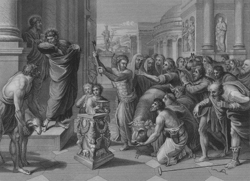 Paulus og Barnabas i Lystra, ApG 14, vers 8-19 (gravering) af after Raphael