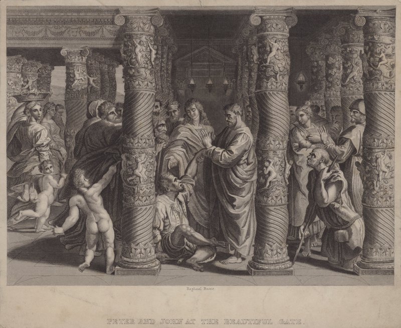 Peter og Johannes ved den smukke port (gravering) af after Raphael