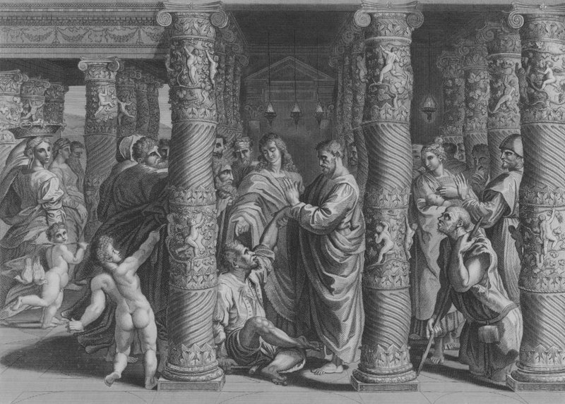 Peter og Johannes ved den smukke port, ApG 3, vers 1-12 (gravering) af after Raphael