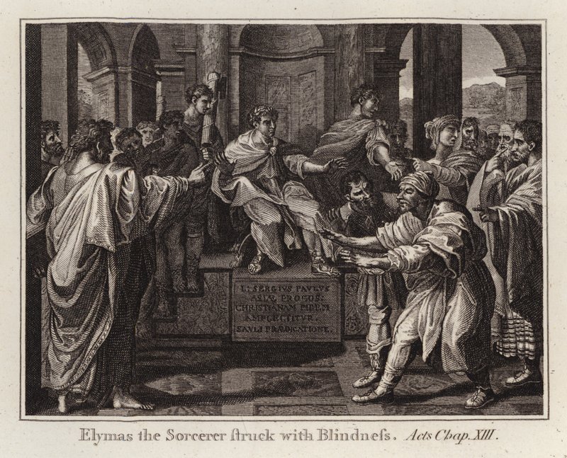 Raphael tegnefilm: Elymas the Sorcerer Struck with Blindness, Acts, Chap XIII (gravering) af after Raphael