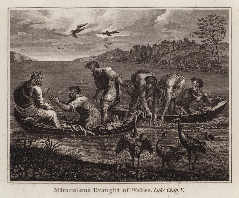 Raphael tegneserie: Miraculous Draft of Fishes, Luke, Kap V (gravering) af after Raphael