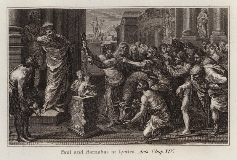 Raphael tegneserie: Paul og Barnabas i Lystra, Apostlenes Gerninger, Kap XIV (gravering) af after Raphael