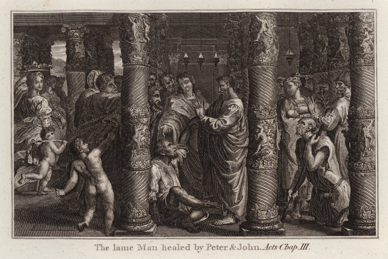 Raphael tegneserie: Den lamme mand helbredt af Peter og Johannes, Apostlenes Gerninger, Kap III (gravering) af after Raphael