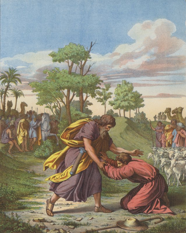 Forsoning af Jakob og Esau (farve litho) af after Raphael