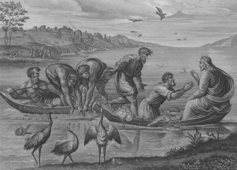 The Miraculous Draft of Fishes, St. Lukas 5, Vers 1-12 (gravering) af after Raphael