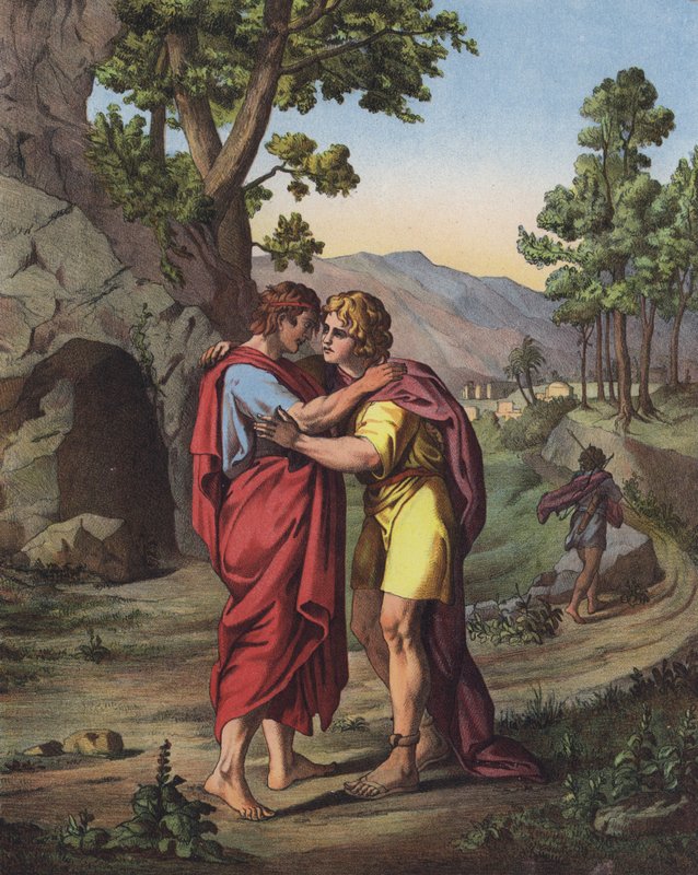 Det sidste møde mellem David og Jonathan (farve litho) af after Raphael