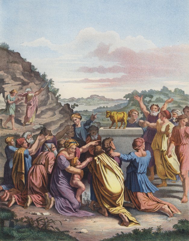 Tilbedelsen af den gyldne kalv (farve litho) af after Raphael