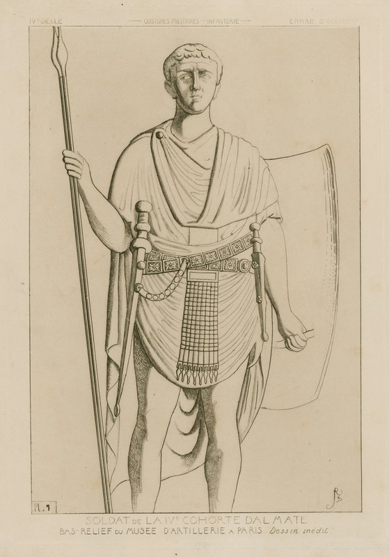 Soldat fra den 4. dalmatiske kohorte. Basrelief fra Artillerimuseet i Paris. Unik tegning. Militære kostumer - infanteri - det vestlige imperium. af Raphael Jacquemin