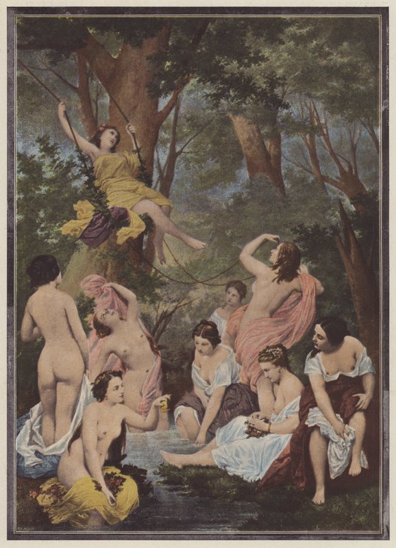De badende (farve litho) af Raymond Quinsac (after) Monvoisin