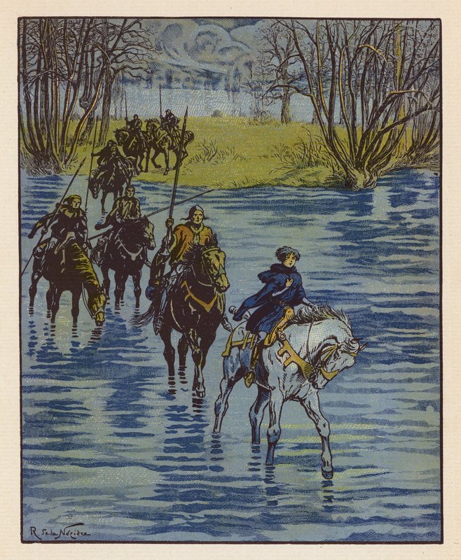Chevauchee De Jeanne Pour Aller Trouver Charles VII A Chinon (farvelitografi) af Raymond de la Neziere
