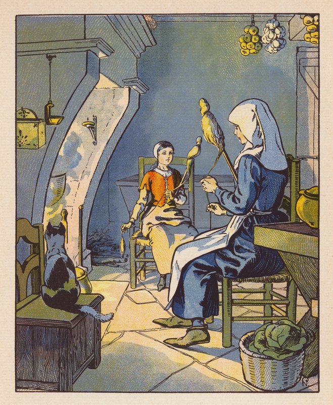 Jeanne A Domremy Avec Sa Mere (farvelitografi) af Raymond de la Neziere