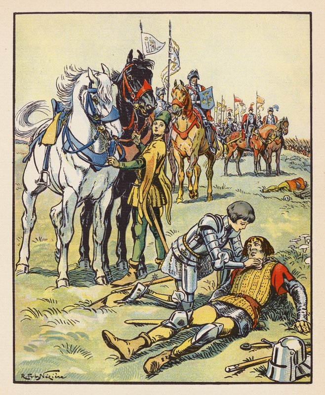 Jeanne plejer en såret englænder efter slaget ved Patay (farvelitografi) af Raymond de la Neziere