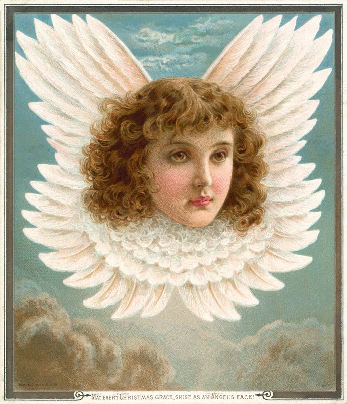 Englehoved med vinger (chromolitho) af Rebecca Coleman
