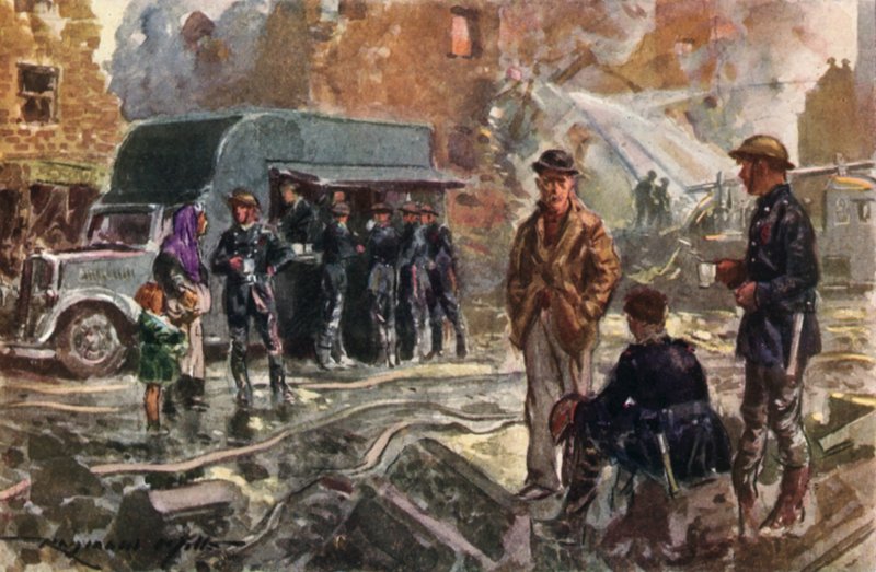 Brandmænd fra krigstid British National Fire Service ved hjælp af en mobil kantine under Blitz, Anden Verdenskrig af Reginald Mills