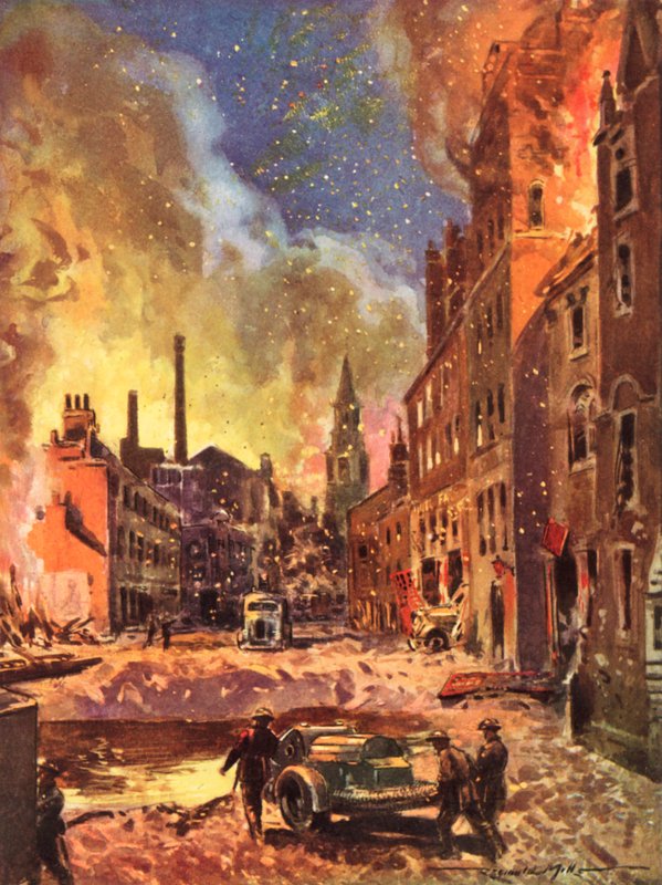 Brandmænd fra krigstidens British National Fire Service inspicerer et stort bombekrater under Blitz, Anden Verdenskrig af Reginald Mills