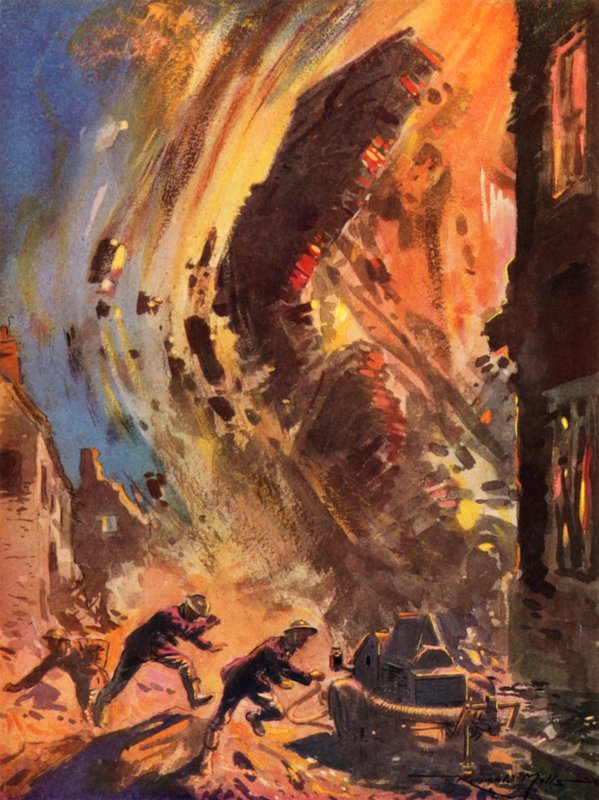 Brandmænd fra krigstidens British National Fire Service, der løber fra en kollapsende bygning under Blitz, Anden Verdenskrig af Reginald Mills