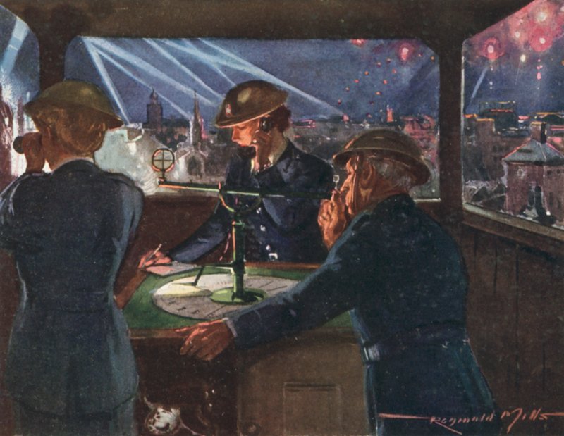 Observationspost for det britiske nationale brandvæsen i krigstid under et luftangreb, Anden Verdenskrig af Reginald Mills