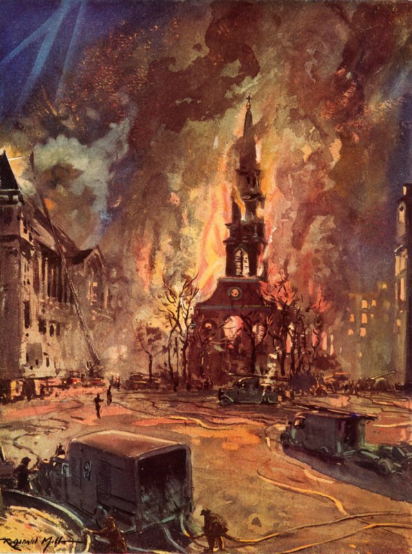 St Clement Danes Church, Strand, London, i brand under Blitz, Anden Verdenskrig af Reginald Mills