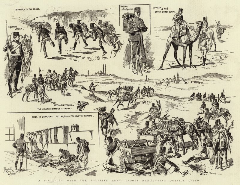 En feltdag med den egyptiske hær, tropper manøvrerer uden for Cairo (kobberstik) af Reginald Thomas Cleaver