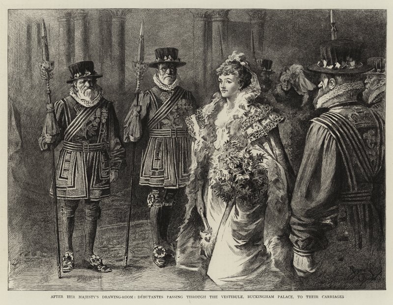 Efter Hendes Majestæts tegnestue går debutanterne gennem vestibulen, Buckingham Palace, til deres vogne (stik) af Reginald Thomas Cleaver